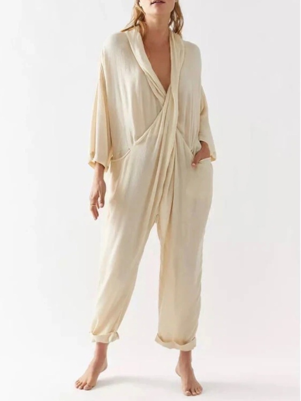 Free People Everything To Me One Piece Cream Beige Gauzy Textured Jumpsuit LARGE